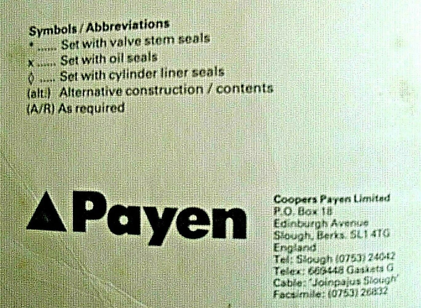 One Pre Owned Payen Gasket Catalogue Car & Commercial Part No / WP128 Date 1987
