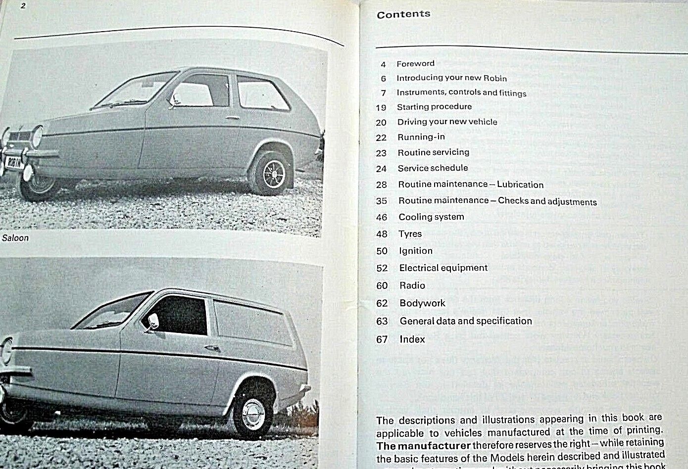 One Reliant Robin Owens Manual-Hand Book Dated 1973 Used But Very Clean