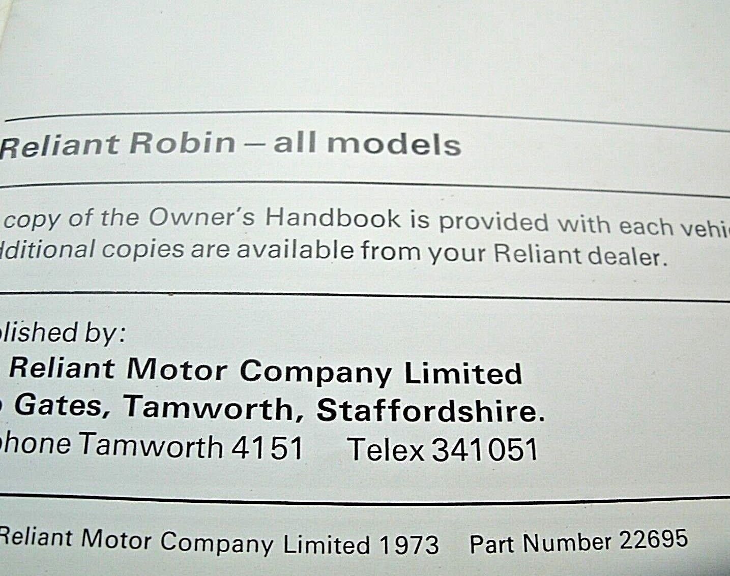 One Reliant Robin Owens Manual-Hand Book Dated 1973 Used But Very Clean